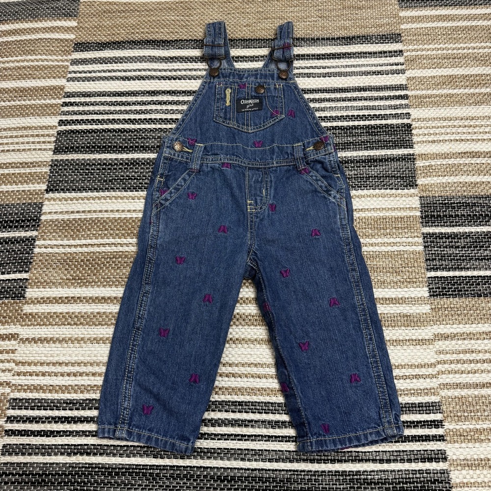 OshKosh B'gosh Overalls Girls 12 Months Denim Embroidered Butterfly Toddler